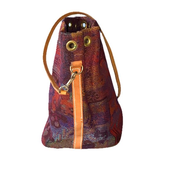 Tapestry Bucket Hobo Bag Leather 2 Detachable Leather Straps: Handle/Crossbody - Picture 3 of 12